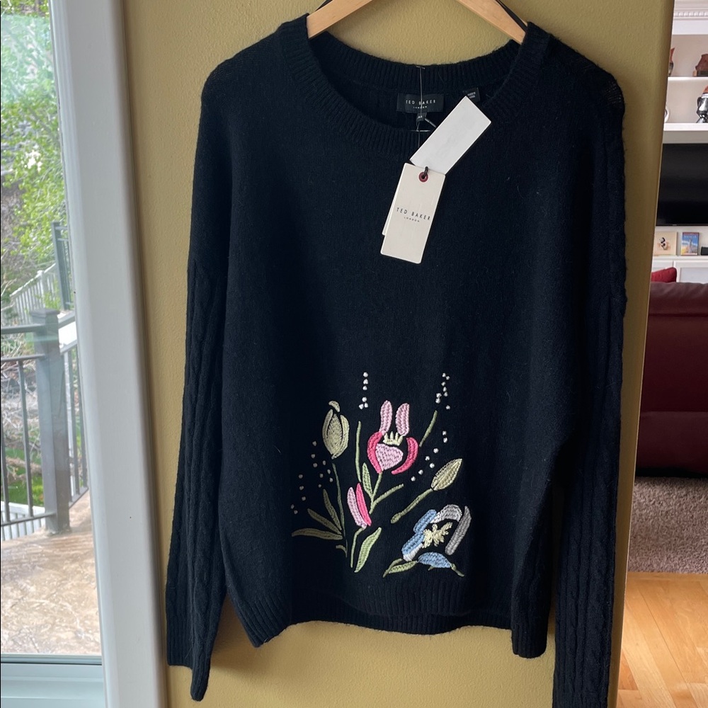 NWT Ted Baker Black Crewneck Sweater with Pink & Blue Floral Embroidery